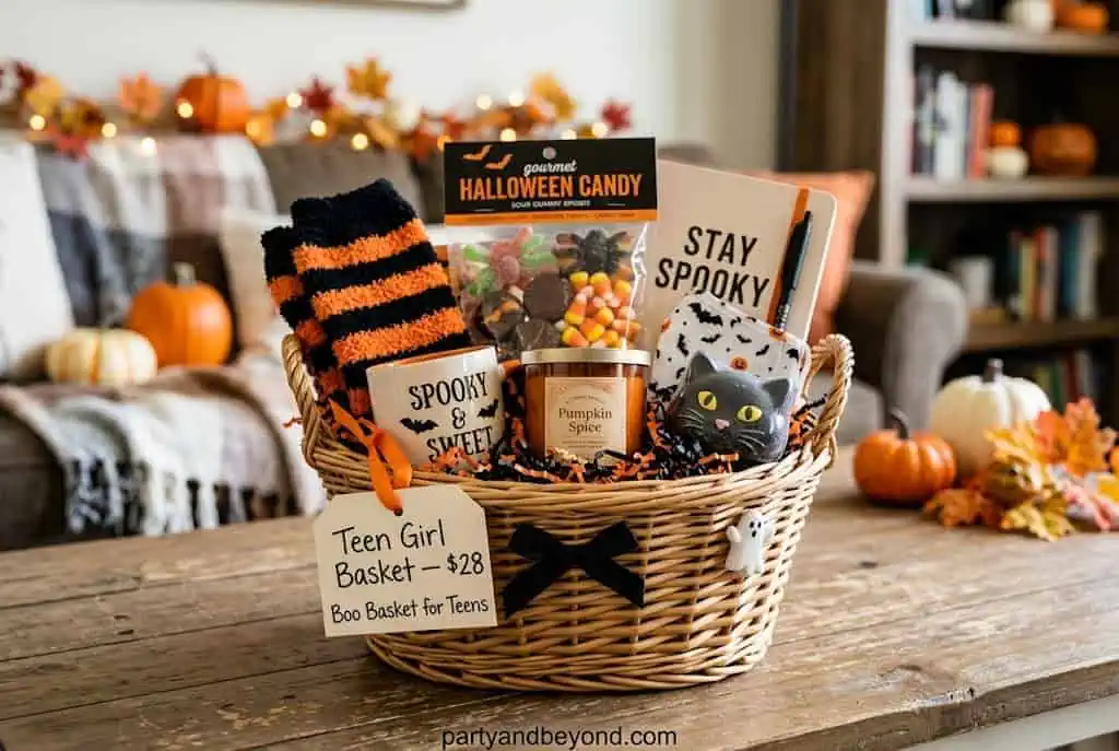 Teen boy boo basket with snacks, Halloween socks, popcorn, jerky, and scary movie essentials