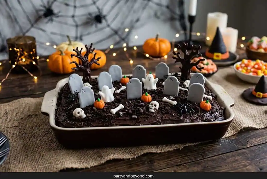 Spooky Halloween graveyard themed dessert table with tombstones and pumpkins.