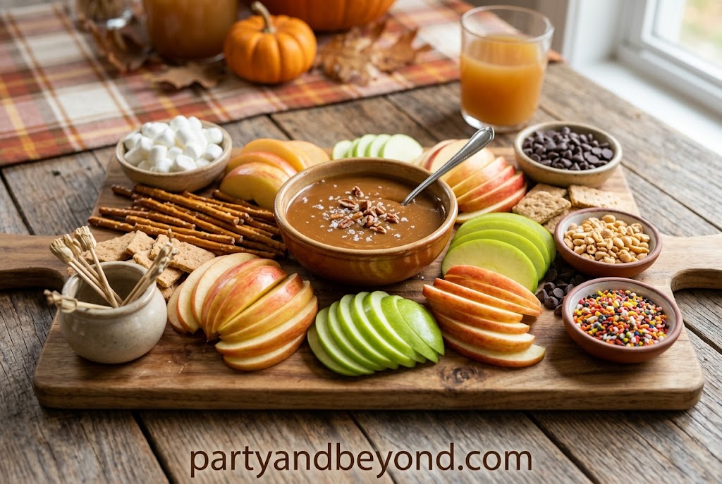 Caramel apple dessert board with sliced apples and topping options.