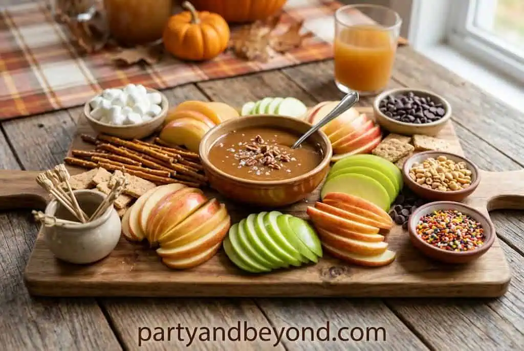 Caramel apple dessert board with sliced apples and topping options.
