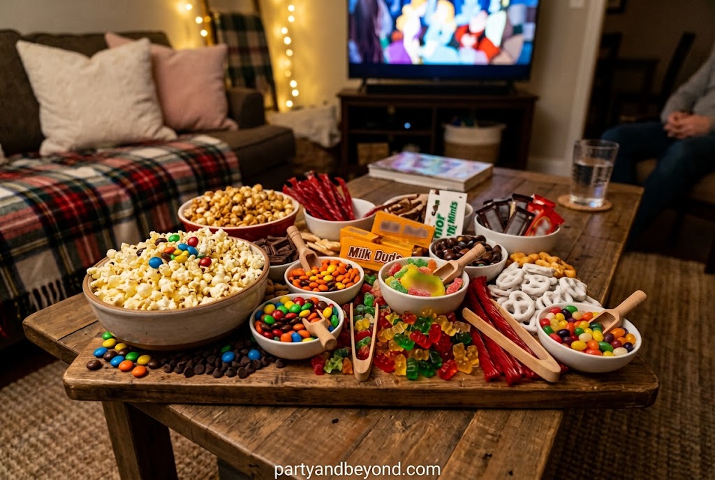Halloween movie night snack board with popcorn, candy, pretzels, and chocolate clusters.
