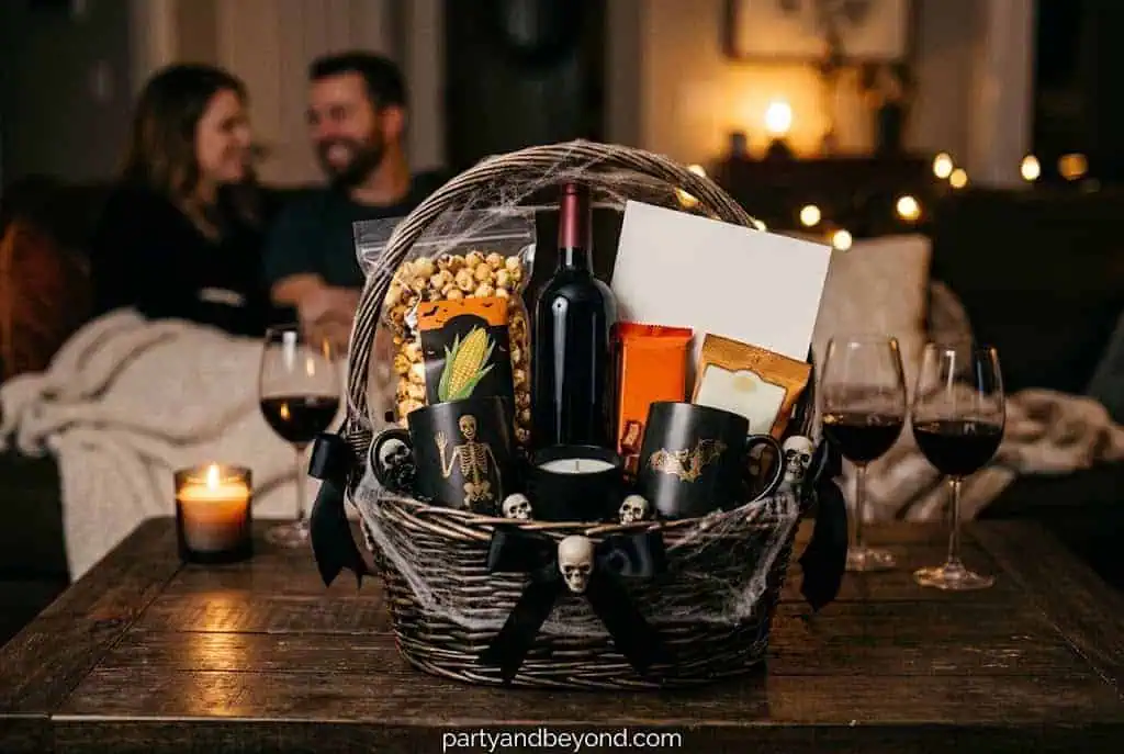 Halloween date night boo basket with haunted house tickets, snacks, scarf, and keepsake camera