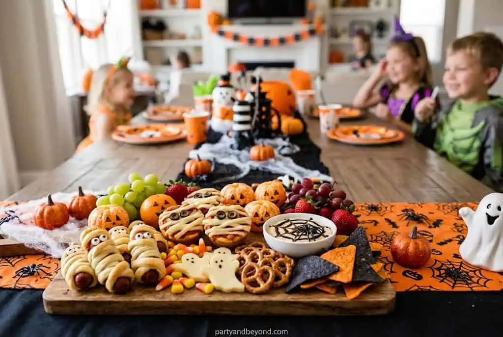 Spooky Halloween graveyard themed dessert table with tombstones and pumpkins.