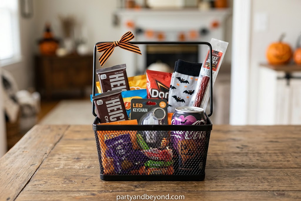 Gamer boo basket with snacks, soda, glow-in-the-dark game accessories, candy, and desk decor