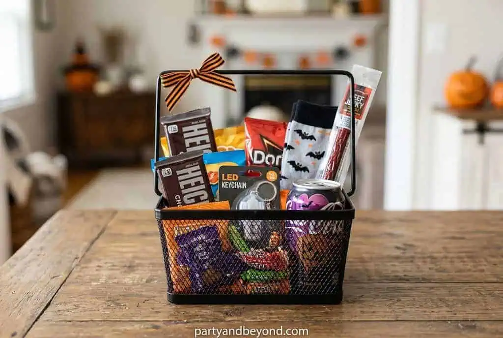 Gamer boo basket with snacks, soda, glow-in-the-dark game accessories, candy, and desk decor