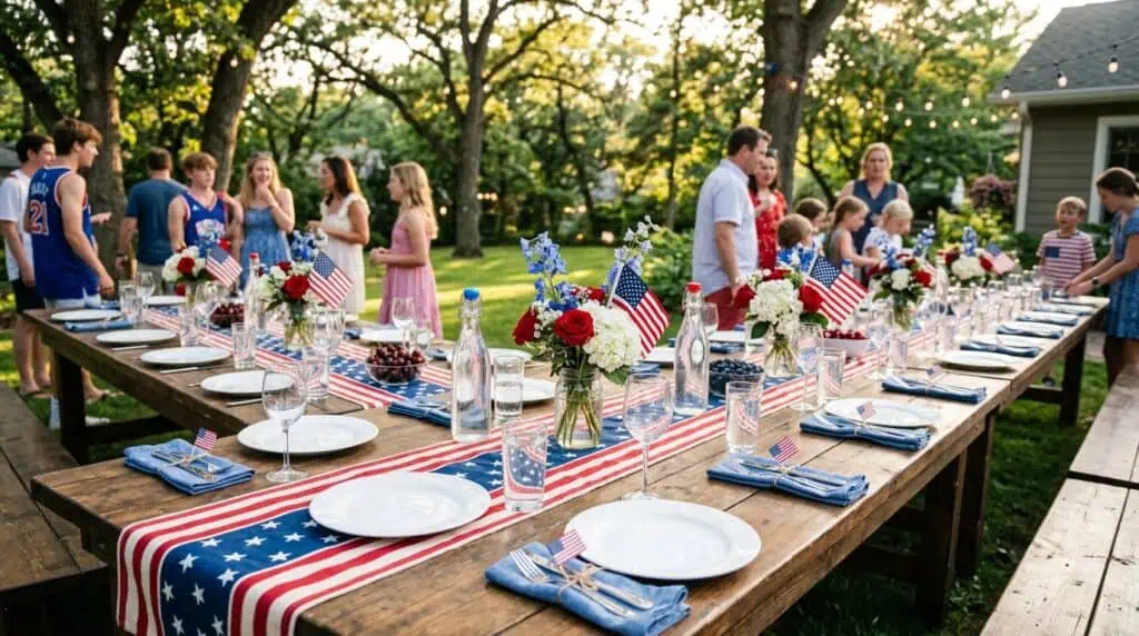 American flag inspired long table setting with patriotic summer decorations
