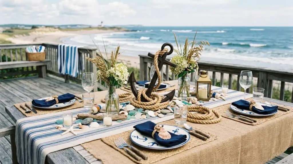 Coastal nautical Fourth of July table decor with rope and anchor accents