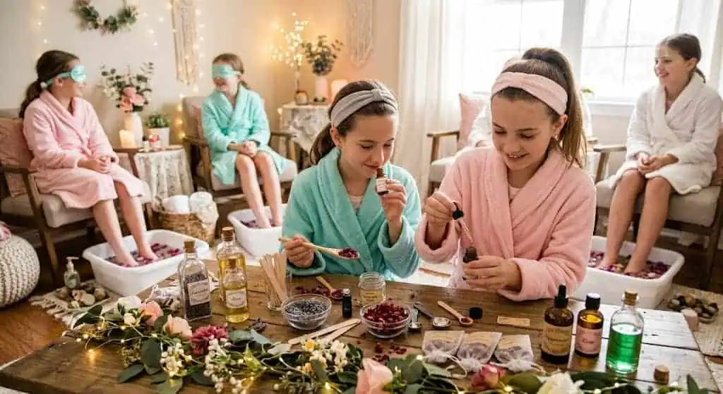 Girls enjoying a spa party with masks, robes, and relaxing treatments.