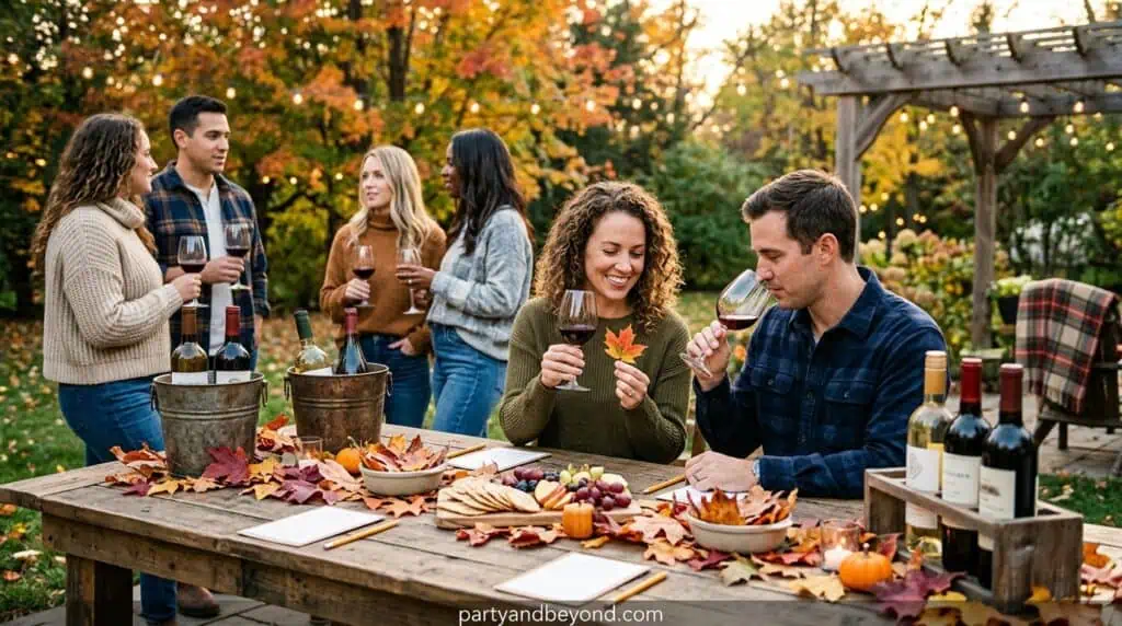 Fall wine tasting birthday party featuring autumn leaves, cheese board, wine glasses, and rustic decor.