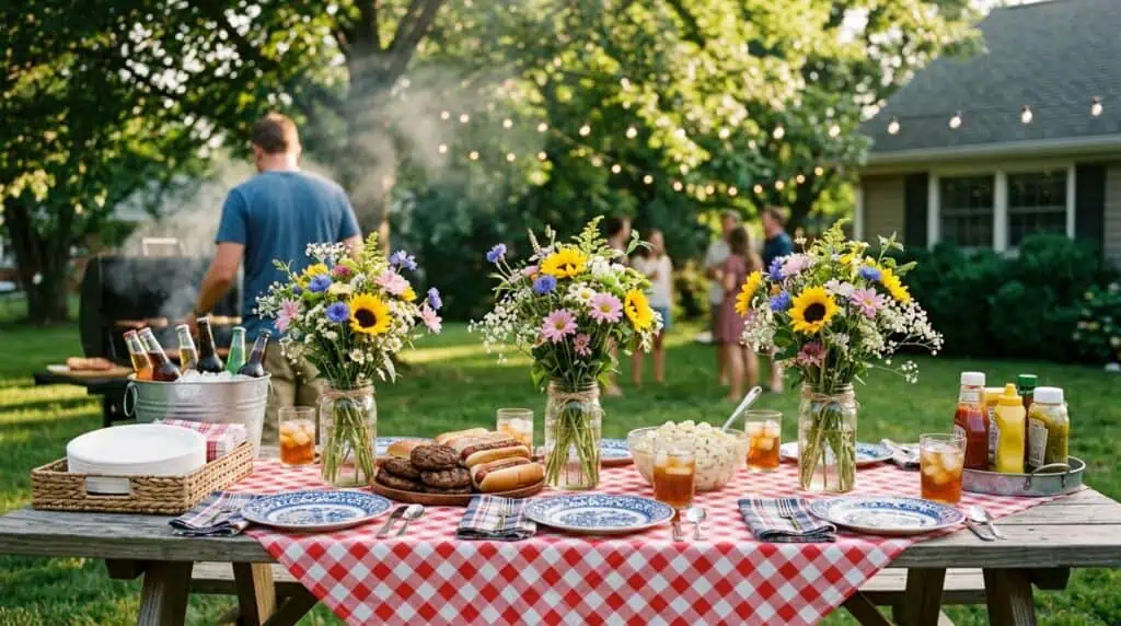 Rustic backyard BBQ table decorated with mason jar flower bouquets