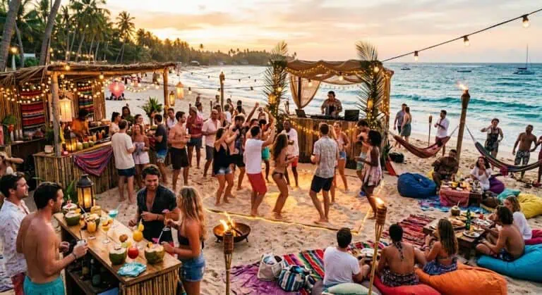 Beach party with lively crowd, DJ, and tropical decor at sunset.