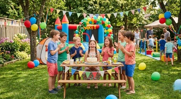 Children celebrating birthday outdoors with balloons, cake, and party decorations.