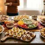 Best Thanksgiving Appetizer Ideas for a Crowd (2026 Guide) Festive party food platter with assorted appetizers, mini sandwiches, deviled eggs, and sweet treats.