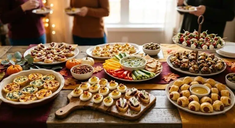 Festive party food platter with assorted appetizers, mini sandwiches, deviled eggs, and sweet treats.