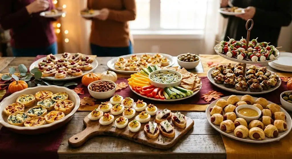 Festive party food platter with assorted appetizers, mini sandwiches, deviled eggs, and sweet treats.