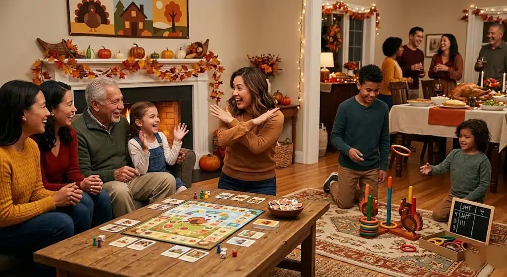 Family playing board games and celebrating together during holiday party.