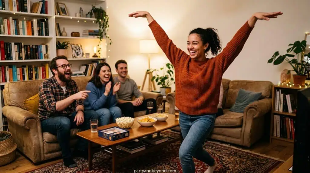 Player pretending to be elephant and penguin while others laugh in a party game.