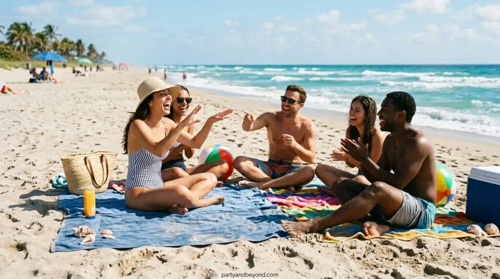 Beach-themed charades with summer activities like surfing and sandcastle building
 charades ideas