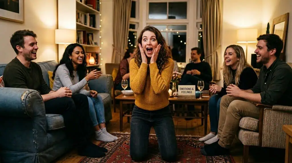Emotion-based charades where players act out feelings like joy, anger, and surprise.