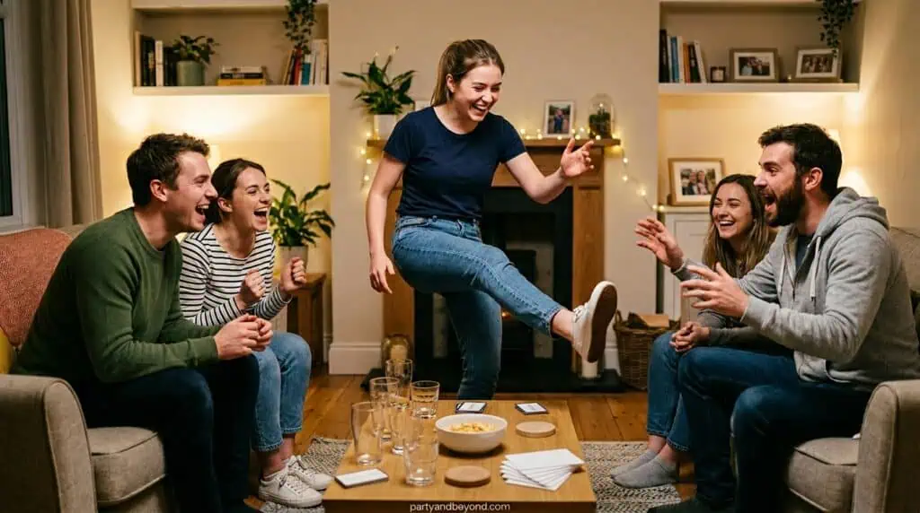 Group of friends enjoying a lively indoor game night at home.