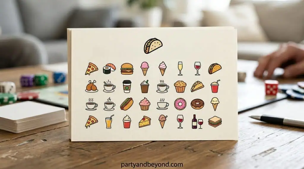Food charades category with gestures for popular dishes and snacks.
