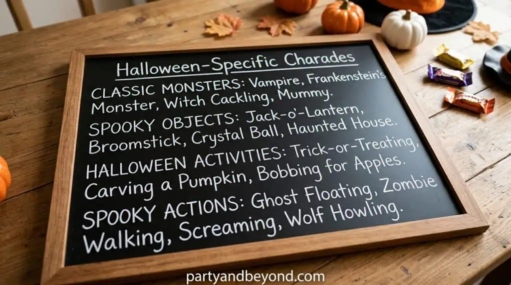 Halloween party chalkboard with themed decorations and autumn leaves. Perfect for spooky celebration.