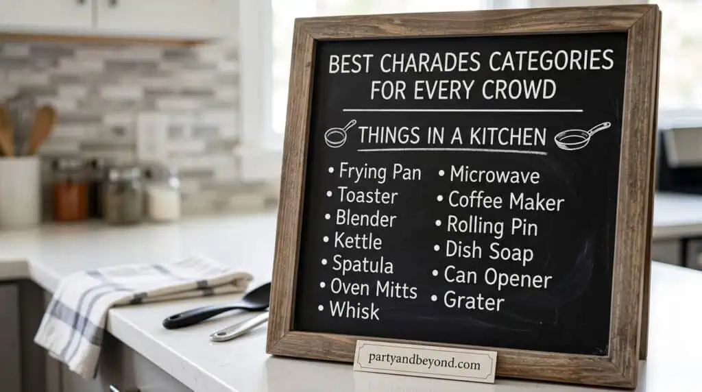 Kitchen-based charades showing cooking tools and food preparation actions.