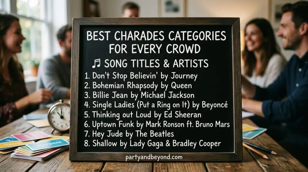Music-themed charades where players act out song names and famous artists