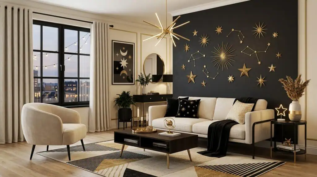 Modern black and cream tablescape with gold star decorations for Independence Day 4th of July Tablescape Ideas