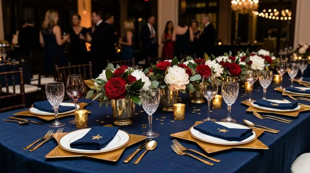 Black tie patriotic tablescape with gold stars red roses and white peonies