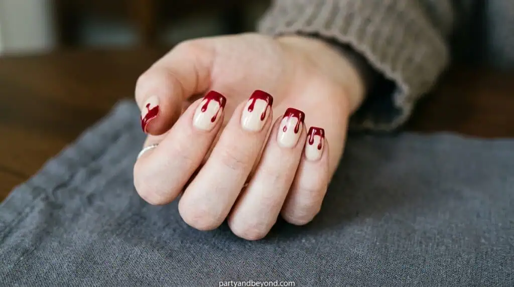 A spooky nail design featuring red polish drips over a base color, creating a dramatic and slightly messy horror-inspired effect.