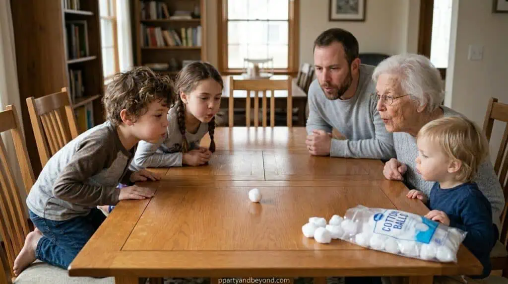 Children blowing cotton balls across a table during a Minute to Win It challenge