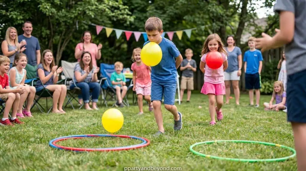 Kid balancing a balloon between chin and chest while walking toward a target
