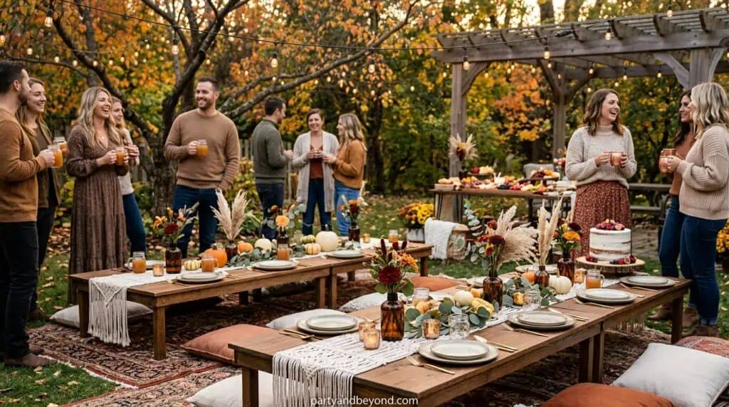 Boho fall birthday party with terracotta balloons, pampas grass, macramé backdrop, and garden seating.