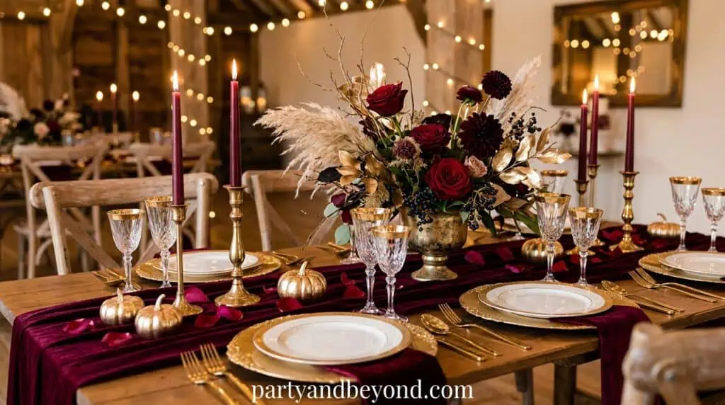 Bohemian outdoor party with pampas grass, macramé backdrop, lanterns, and rustic vintage seating arrangements party color palette ideas