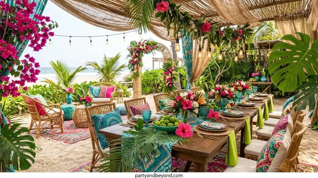 Cottagecore party with dried lavender, wicker baskets, cream linens, wildflowers, and cozy countryside aesthetics.