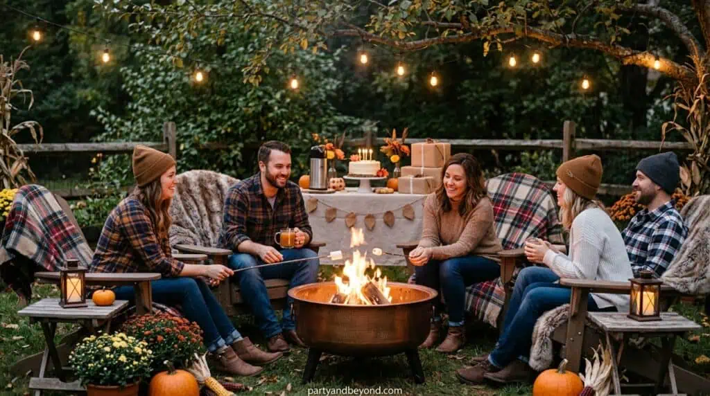 Outdoor fall birthday bonfire party with hay bales, plaid blankets, string lights, and s’mores station
