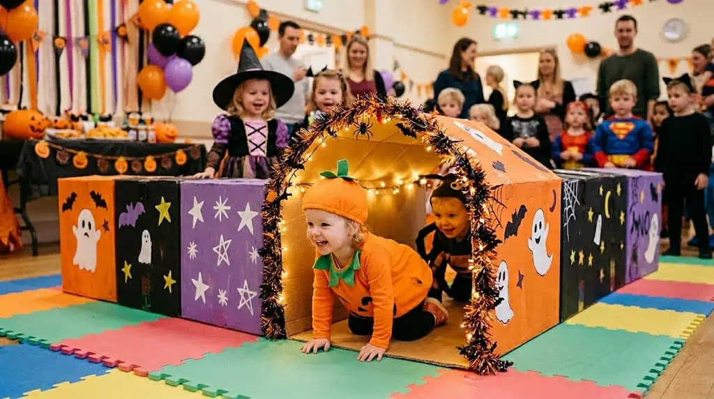 Cute toddlers in Halloween costumes playing in a decorated party house.