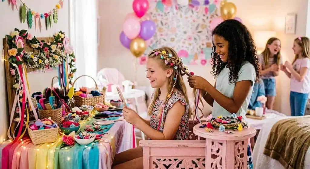 Girls enjoying a spa-themed party with DIY stations and colorful decorations.