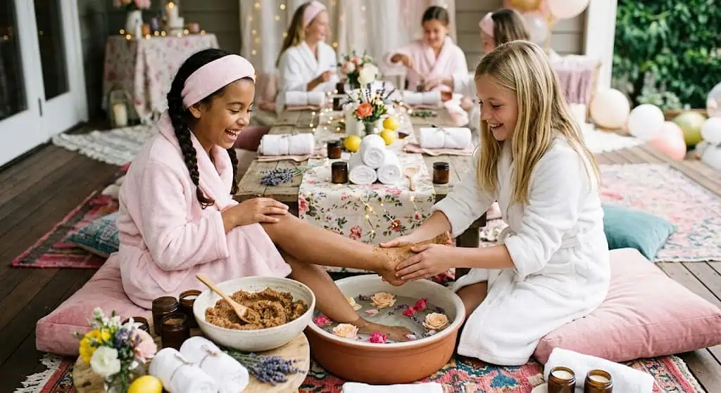 Girls having a fun spa party with foot soak and relaxation activities.