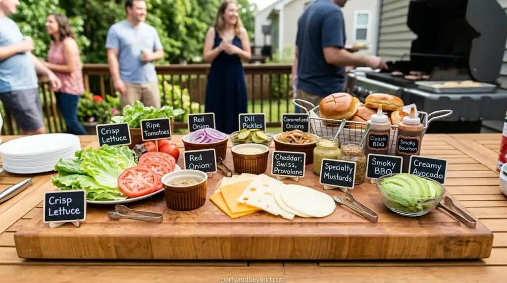 DIY burger bar station with toppings in bowls and wooden board display at BBQ party