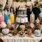 Candy Table Ideas (Buffet Setup, Quantities & Cost Breakdown) Colorful candy and dessert display at a party event.