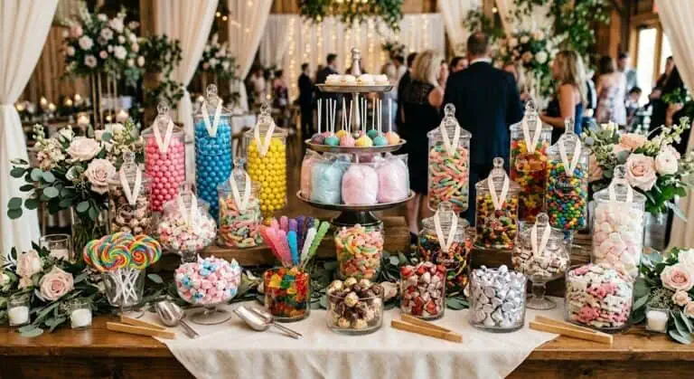 Colorful candy and dessert display at a party event.