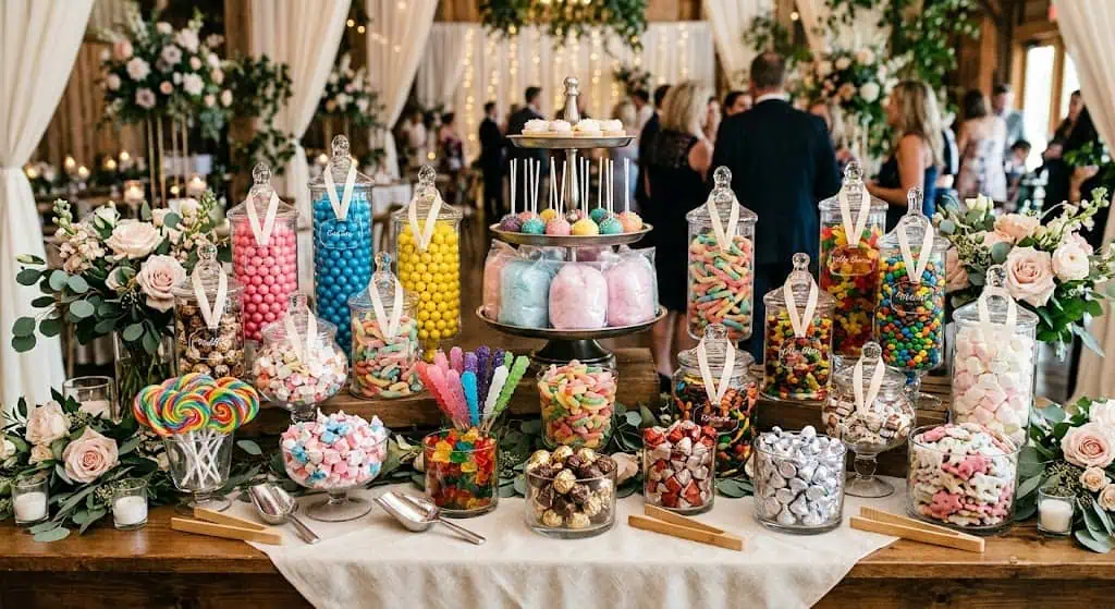 Colorful candy and dessert display at a party event.