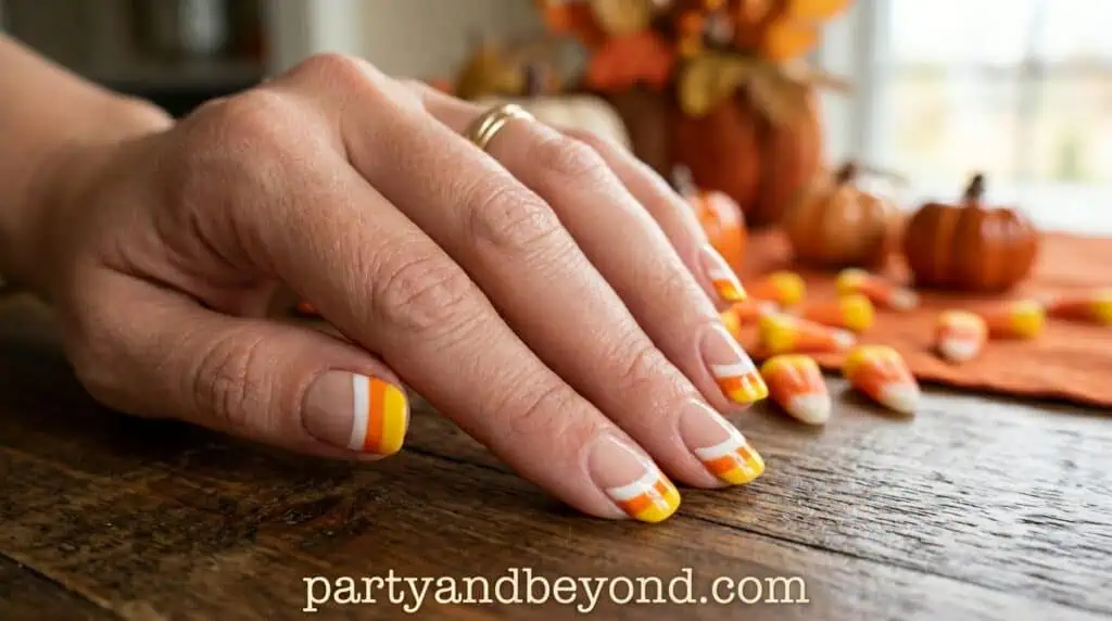 A gradient nail design using white, orange, and yellow shades to recreate the look of candy corn using a sponge blending technique.