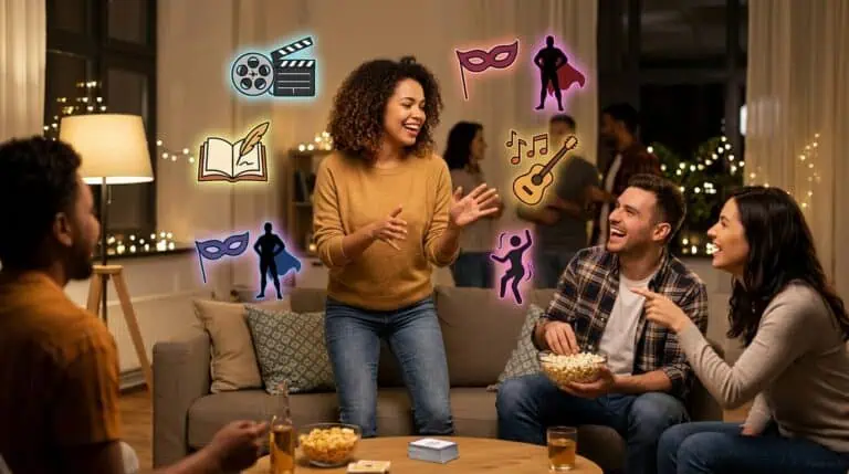 Friends enjoying a lively party with music, masks, and dancing at a social event.