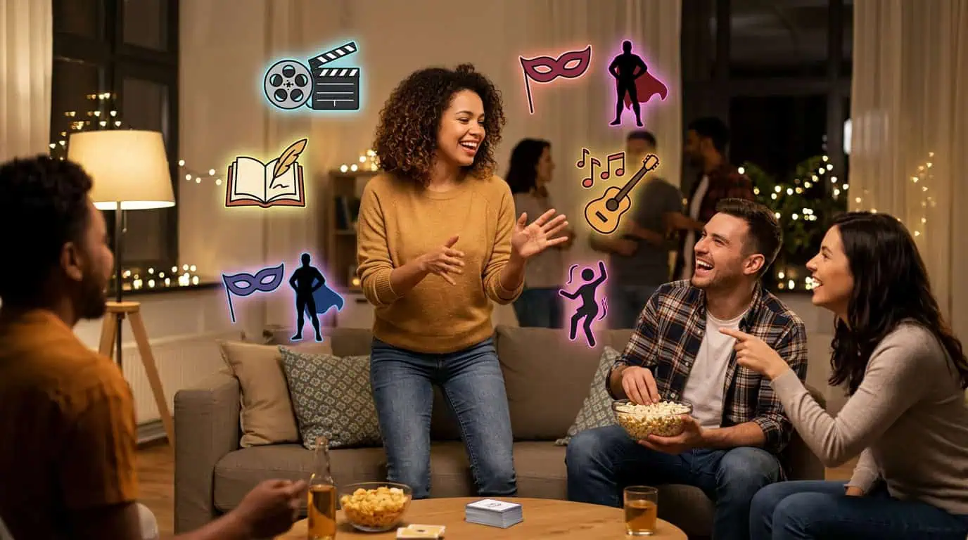Friends enjoying a lively party with music, masks, and dancing at a social event.