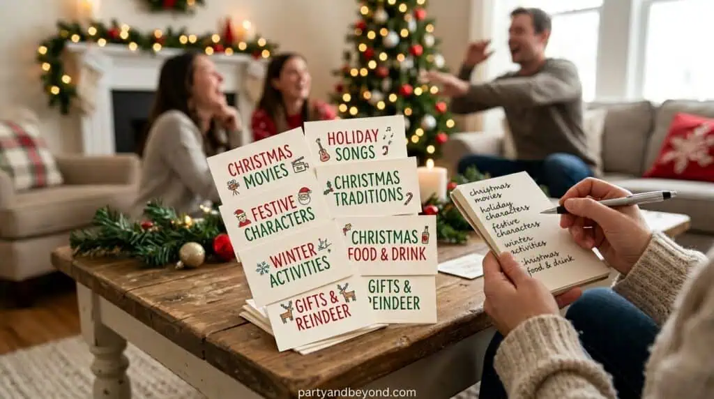Christmas-themed charades with holiday activities like decorating and gift wrapping.