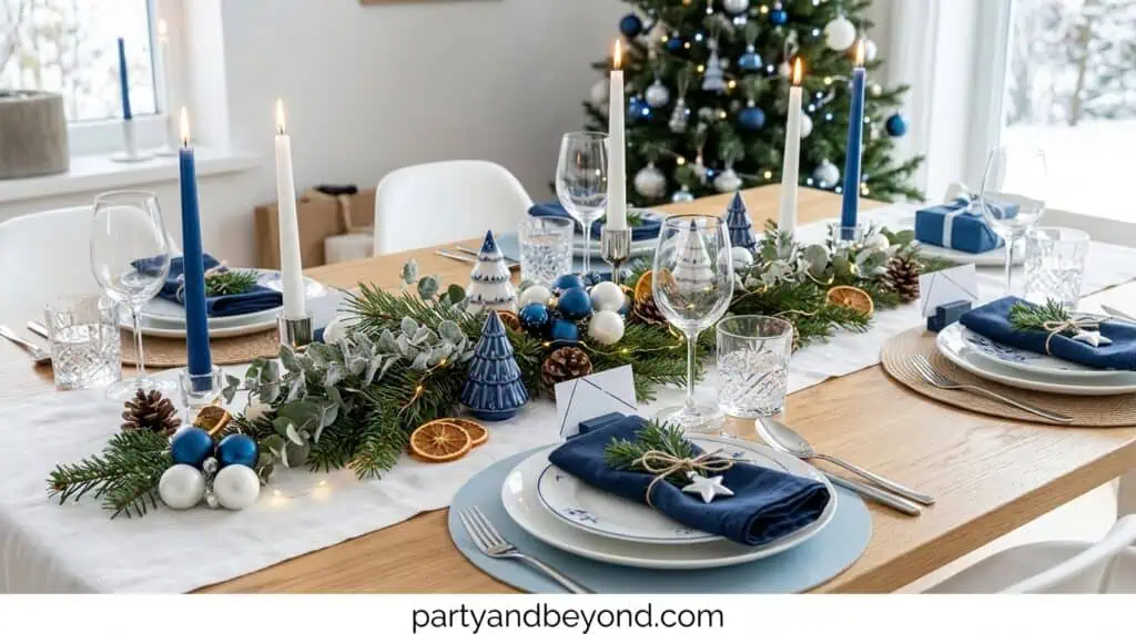 Scandinavian Christmas table decor with blue and white holiday accents