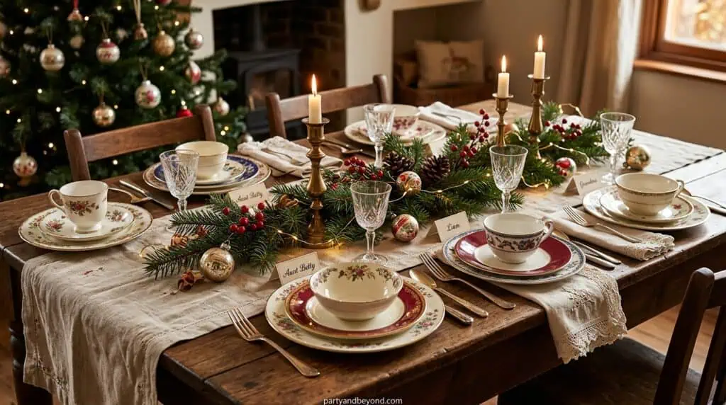 Vintage Christmas table with mismatched china and candlelit centerpiece